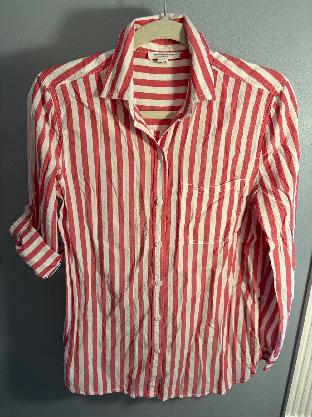 beachlunchlounge Red & White Striped Casual Button-Down Shirt, XS